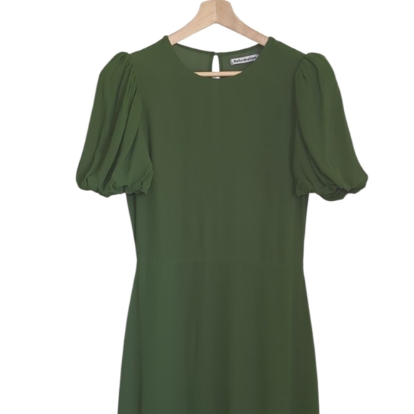 NWT | Reformation | Sandy Beth Moss Green Puff Sleeve Midi Dress - Picture 5 of 13